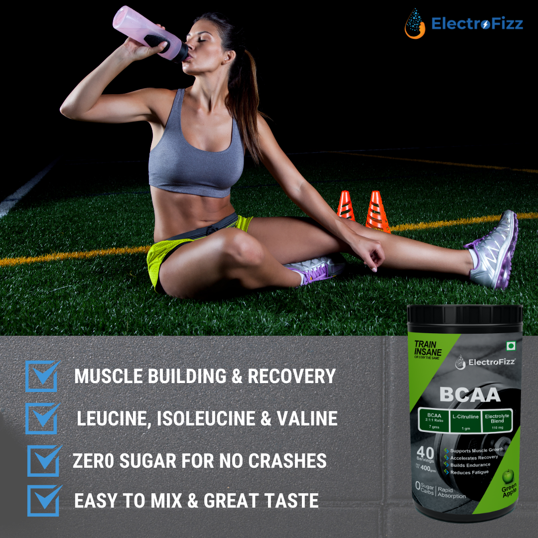 ElectroFizz Advanced BCAA 7Gms (2:1:1) with Citrulline & Electrolyte Blend for Muscle Recovery & Endurance - Pre/Post Workout & Intra Workout (Green Apple Flavor) - 400 Gms