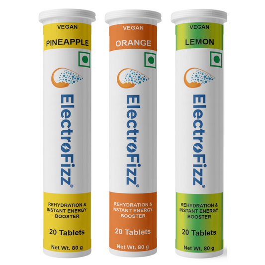 ElectroFizz Electrolyte Energy Drink for Workout, Sports Drink for Men and Women, Energy Supplement, Instant Hydration - 60 Effervescent Tablets (Pack of 3 tubes) -Orange, Lemon & Pineapple