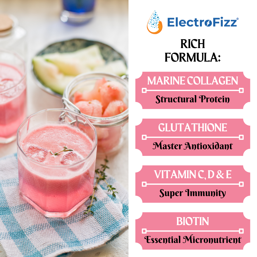 ElectroFizz French Collagen in Rose Flavour with Glutathione, Biotin, Vitamin C, D & E- 225 gm Box (30 Sachets)