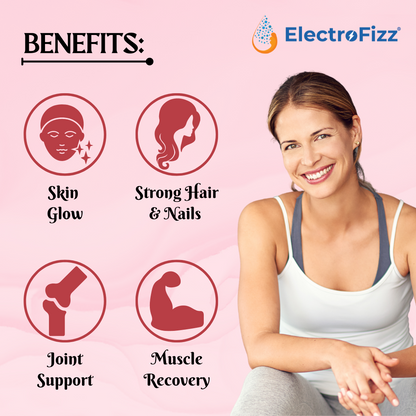 ElectroFizz French Collagen in Rose Flavour with Glutathione, Biotin, Vitamin C, D & E- 225 gm Box (30 Sachets)