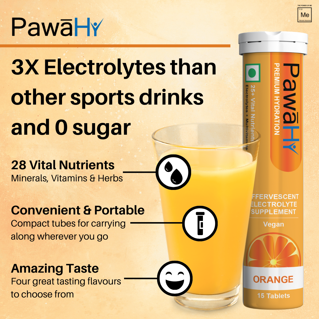 PawaHy Electrolyte Energy Reload Instant Hydration - Orange, Pack of 2 (30 Tablets)