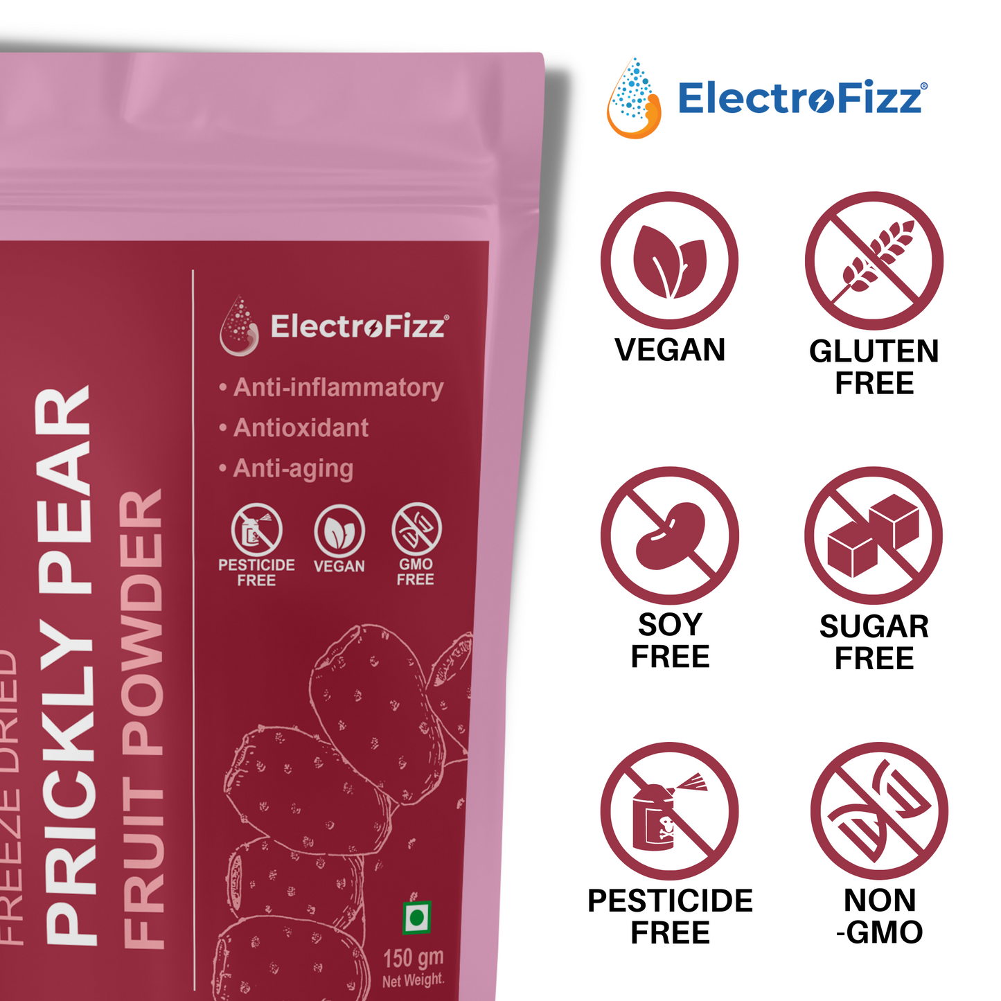 ElectroFizz Freeze Dried 100% Natural Red Prickly Pear Fruit Powder, Hemoglobin Booster, Inflammation Reduction, Weight Management, Joint Strength, Immunity, Post Workout Recovery - 150 gm